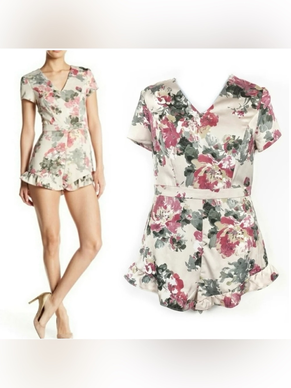 BEBE Floral Romper SZ 8 Matte Satin Stretch Ruffle Pink Tan 🆕